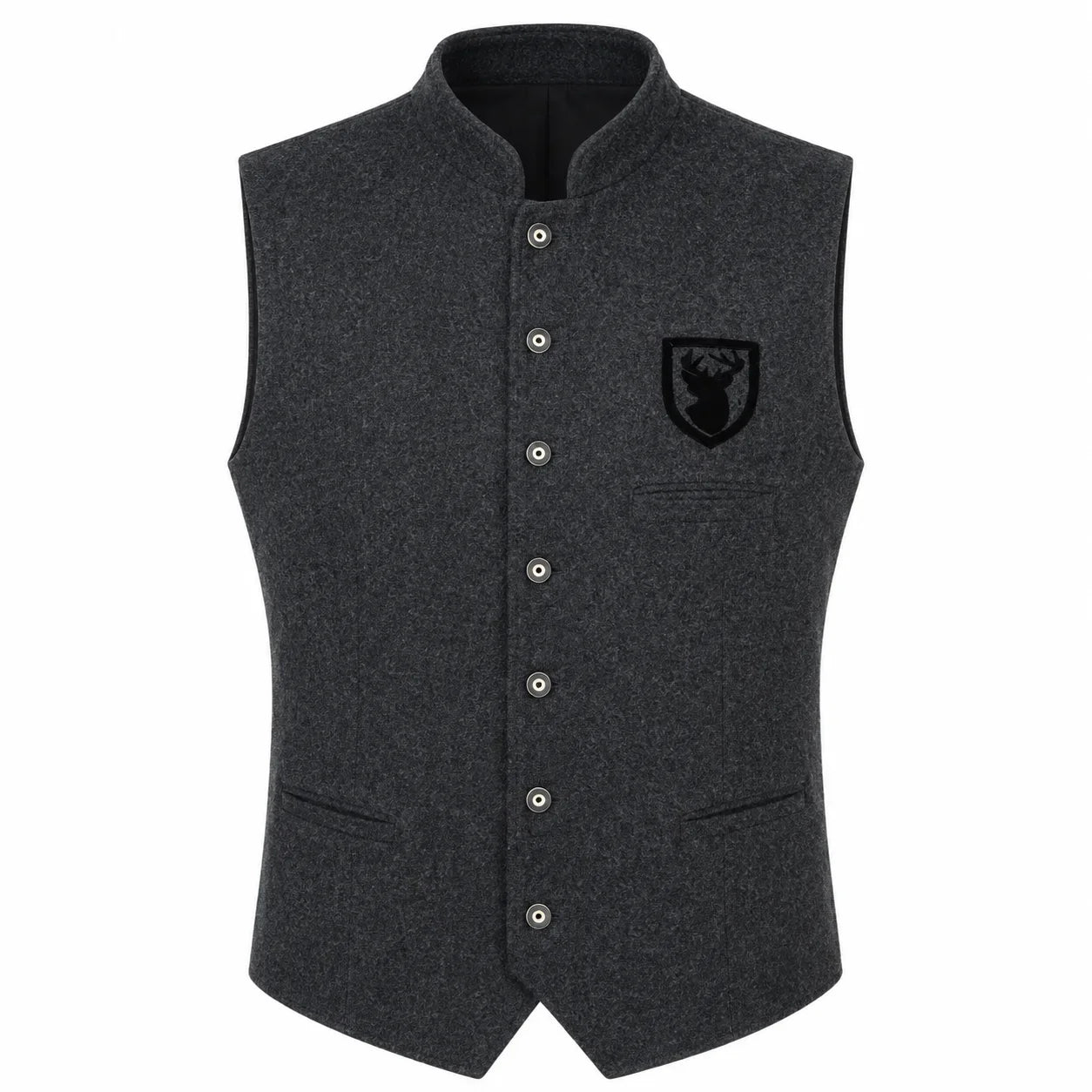 A dark gray heathered wool vest with a stand collar, button closure, and a black embroidered shield logo on the left chest, shown against a plain white background.