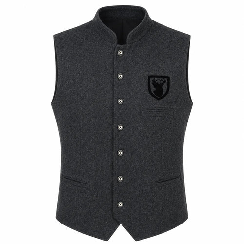 A dark gray heathered wool vest with a stand collar, button closure, and a black embroidered shield logo on the left chest, shown against a plain white background.