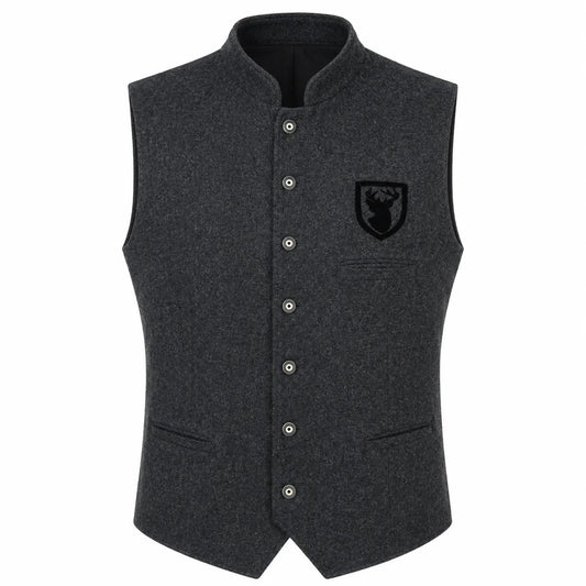 A dark gray heathered wool vest with a stand collar, button closure, and a black embroidered shield logo on the left chest, shown against a plain white background.