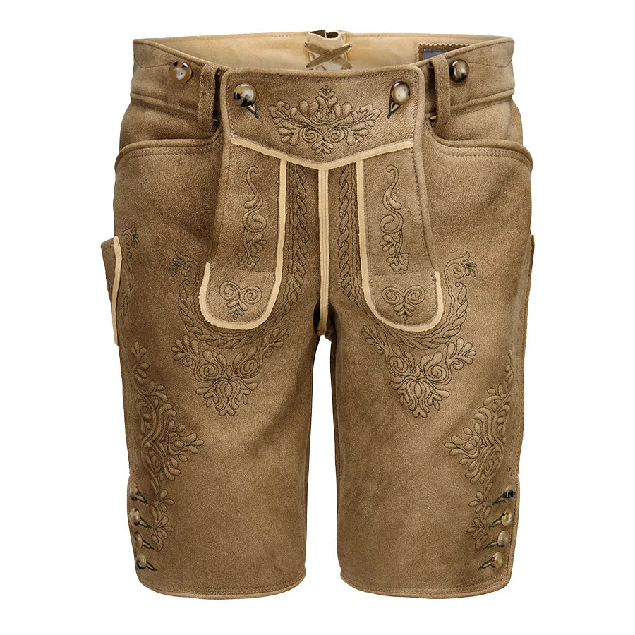 Brown leather shorts with intricate embroidery on a white background