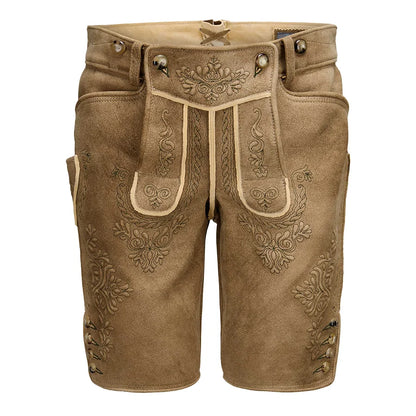 Brown leather shorts with intricate embroidery on a white background