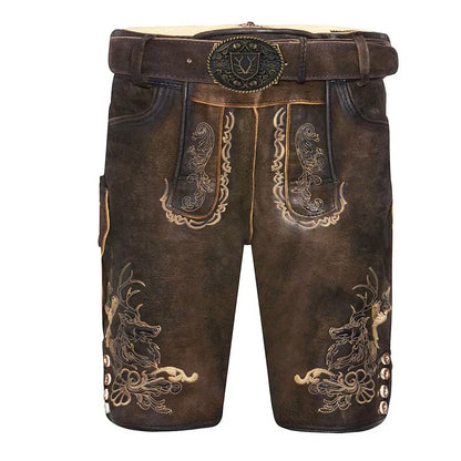 Brown leather shorts with intricate embroidery and a belt on a white background