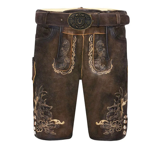 Brown leather shorts with intricate embroidery and a belt on a white background