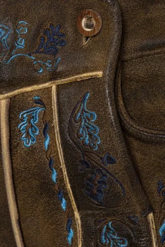 Brown leather jacket with blue floral embroidery
