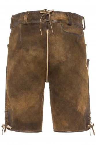 Brown leather shorts with a drawstring on a white background
