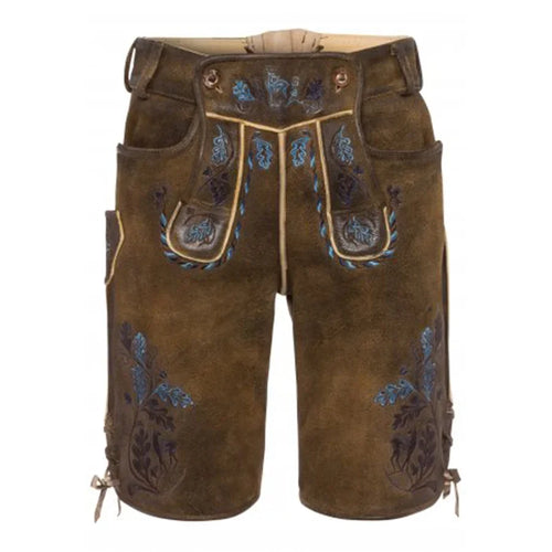 Brown leather shorts with floral embroidery on a white background