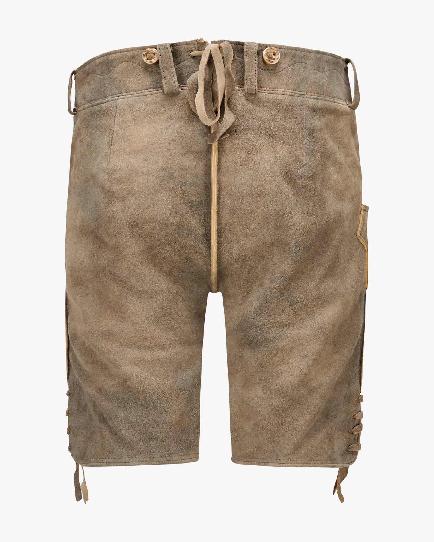 Brown leather shorts with button details on a white background