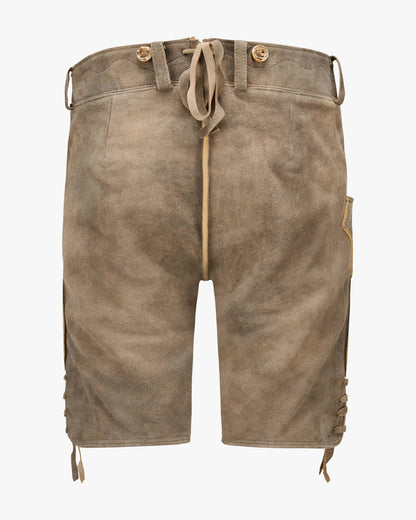 Brown leather shorts with button details on a white background