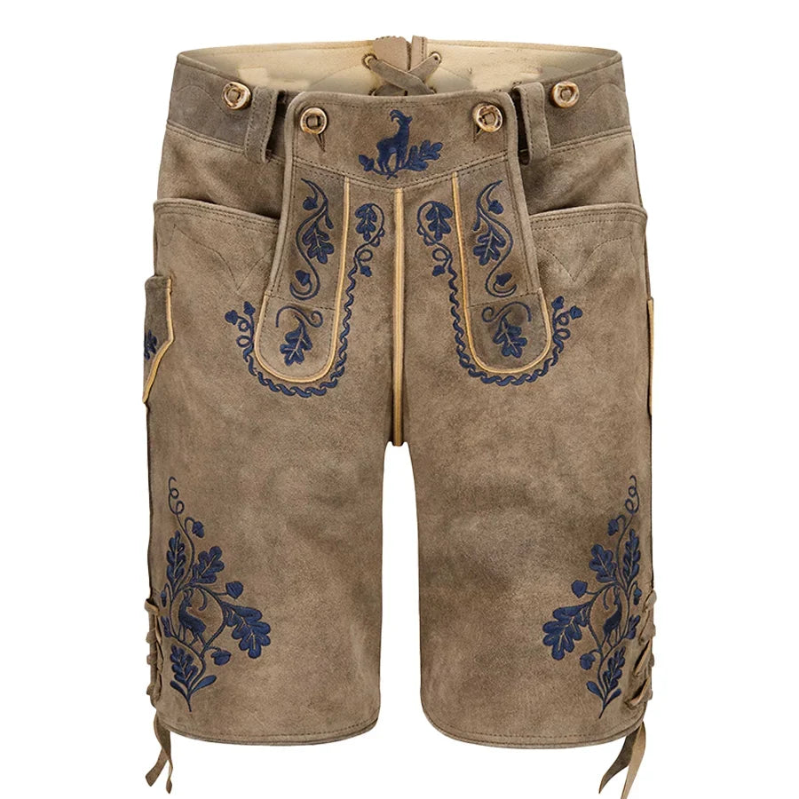 Brown shorts with blue embroidery on a white background