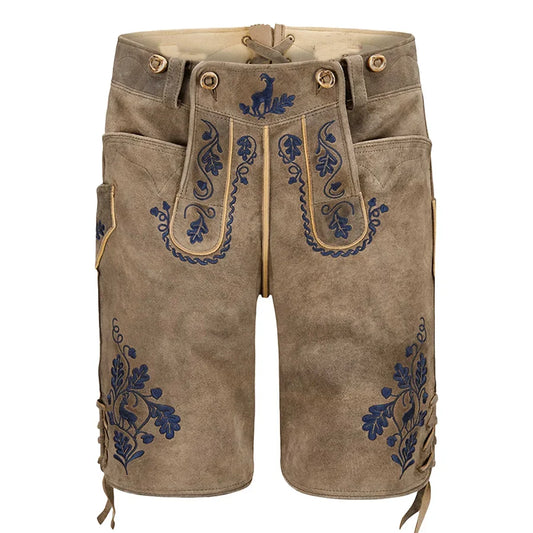 Brown shorts with blue embroidery on a white background
