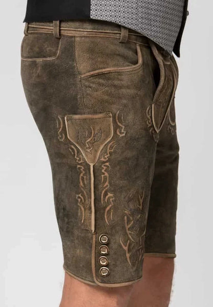 Brown leather shorts with decorative stitching on a white background