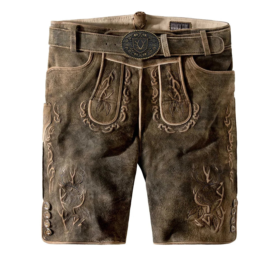 Brown leather shorts with decorative stitching on a white background