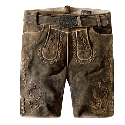 Brown leather shorts with decorative stitching on a white background