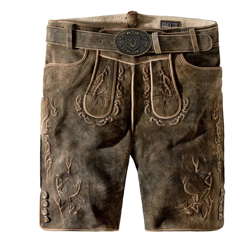Brown leather shorts with decorative stitching on a white background