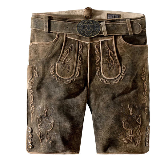 Brown leather shorts with decorative stitching on a white background
