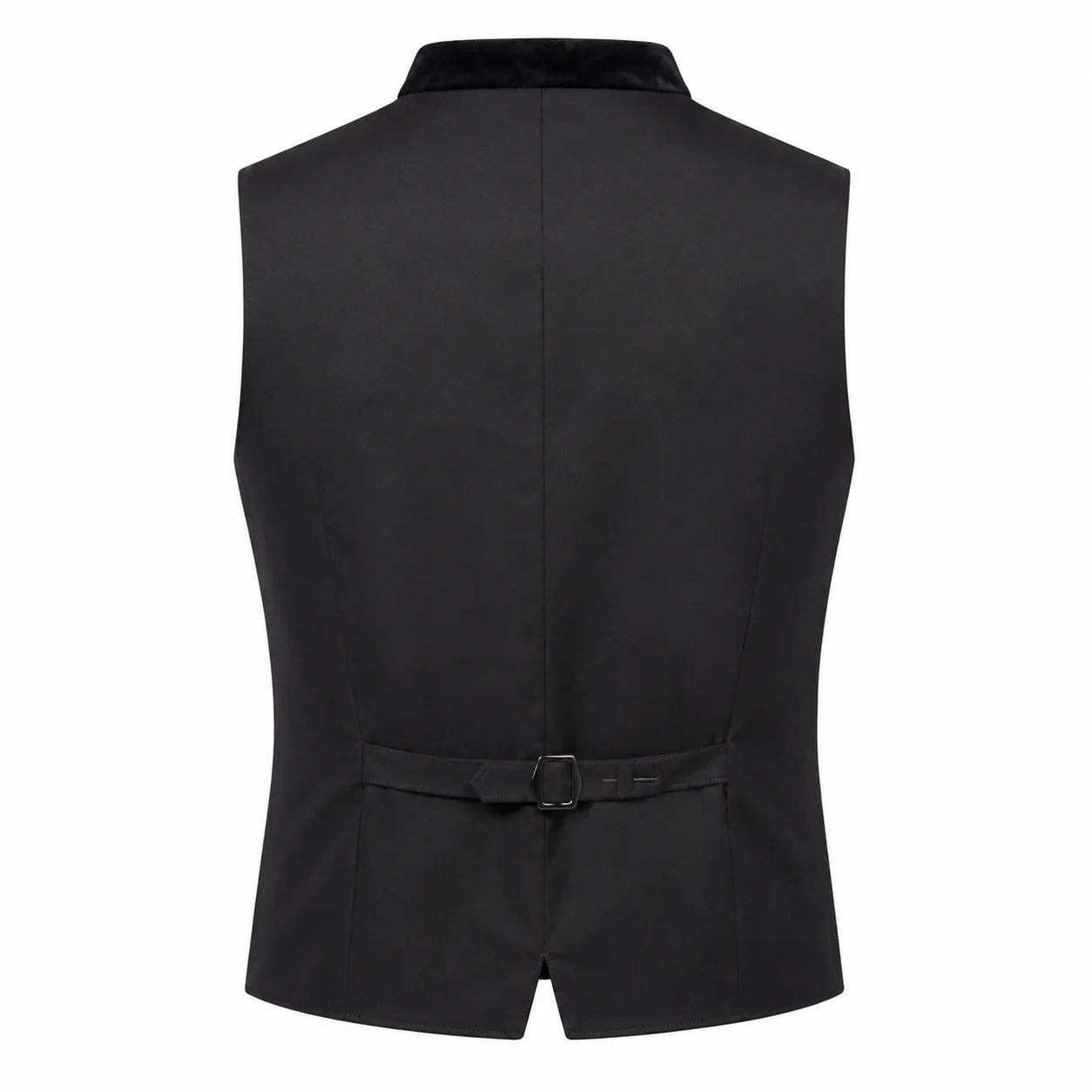 Black formal waistcoat vest with a shawl collar and a matching waist belt with a buckle, shown from the back on a white background.