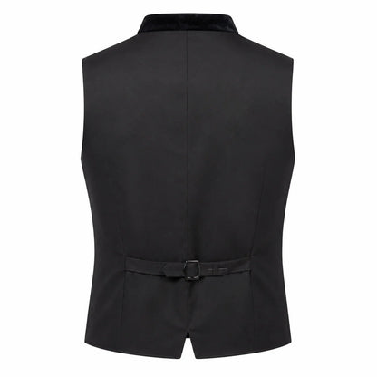 Black formal waistcoat vest with a shawl collar and a matching waist belt with a buckle, shown from the back on a white background.