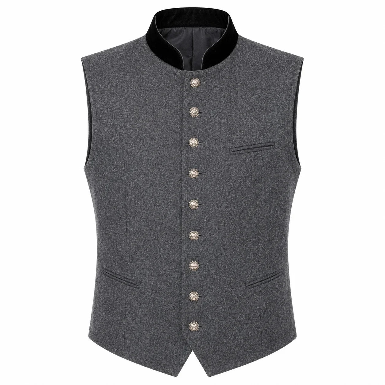 A dark gray textured waistcoat vest with a black mandarin collar and decorative silver buttons down the front, displayed on a solid white background.