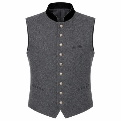 A dark gray textured waistcoat vest with a black mandarin collar and decorative silver buttons down the front, displayed on a solid white background.