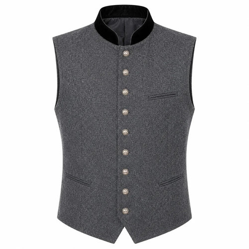 A dark gray textured waistcoat vest with a black mandarin collar and decorative silver buttons down the front, displayed on a solid white background.