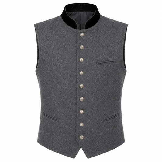 A dark gray textured waistcoat vest with a black mandarin collar and decorative silver buttons down the front, displayed on a solid white background.