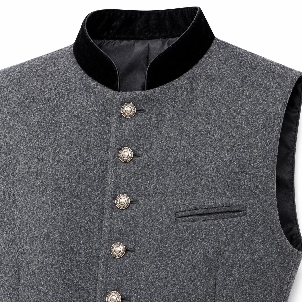 A close-up of a gray textured waistcoat vest with a black velvet collar and decorative silver-toned buttons, shown against a plain white background.