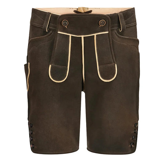 Brown leather shorts with beige stitching on a white background