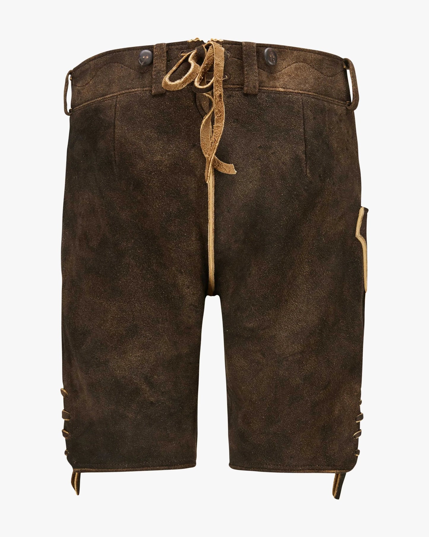 Brown leather pants with green embroidery and buttons, featuring a visible brand logo.