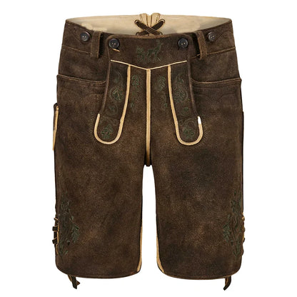 Brown leather pants with green embroidery and buttons, featuring a visible brand logo.