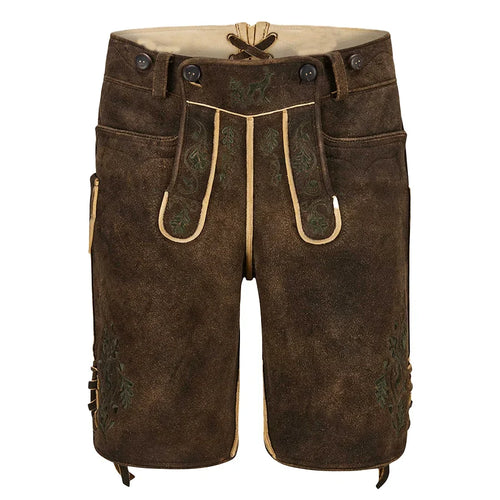 Brown leather pants with green embroidery and buttons, featuring a visible brand logo.