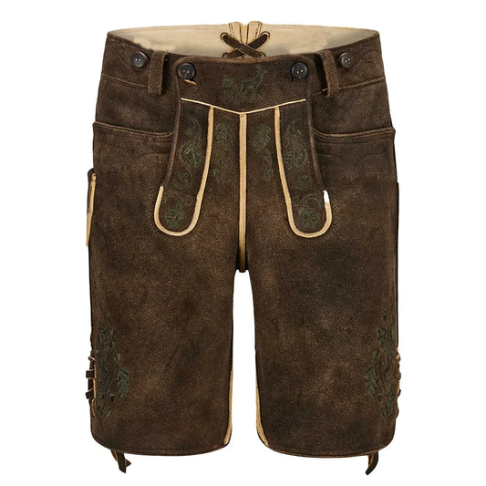Brown leather pants with green embroidery and buttons, featuring a visible brand logo.