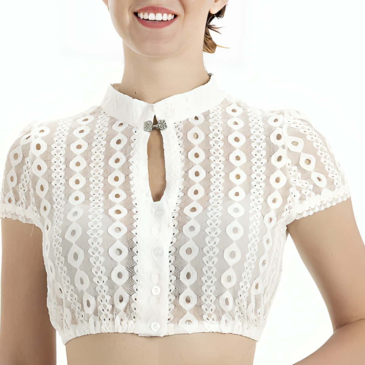 A white short-sleeved blouse with lace detailing and a keyhole neckline, featuring a front closure with buttons and a metal hook.