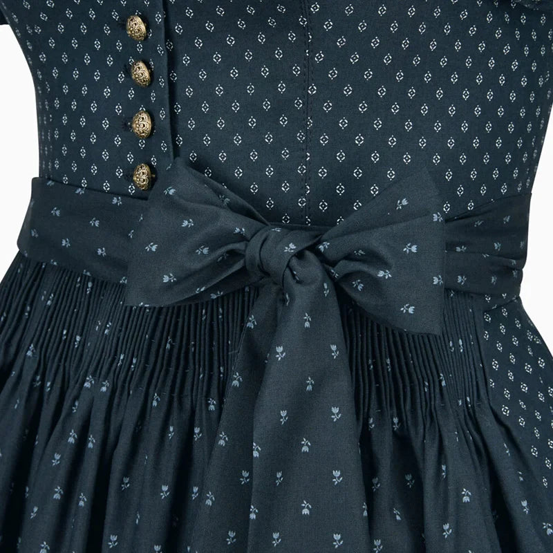 Dark blue dress with floral pattern and button details on a white background