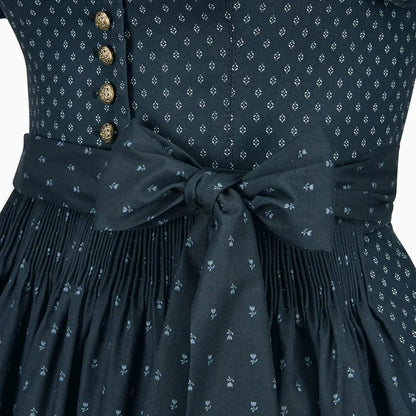 Dark blue dress with floral pattern and button details on a white background