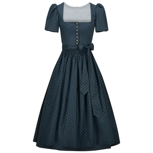 Navy polka dot dress with a white top on a white background