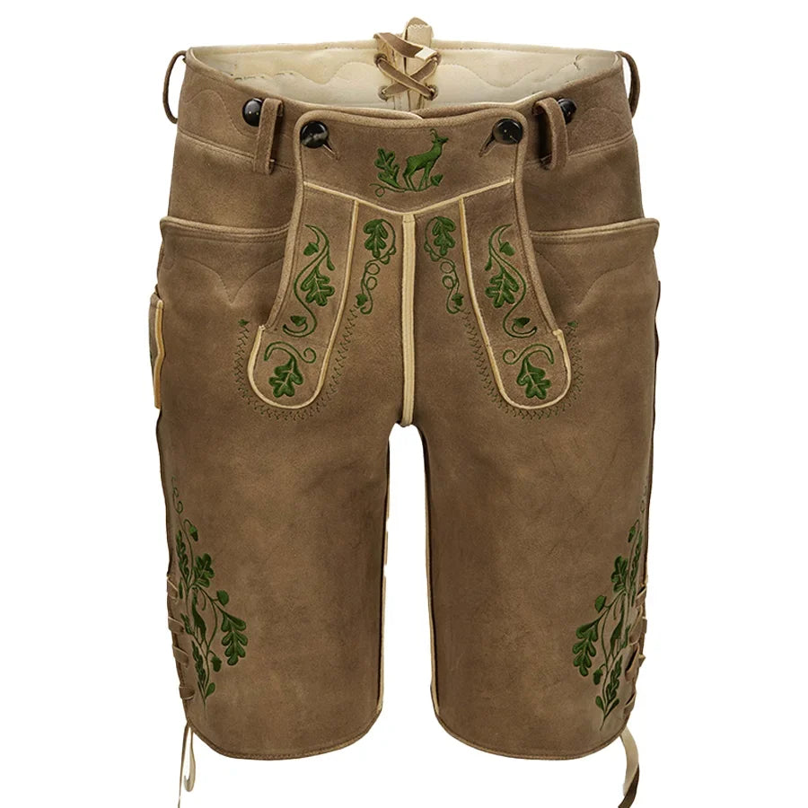 Brown leather shorts with green embroidery on a white background
