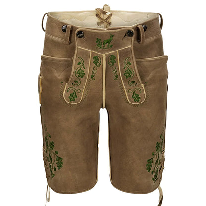Brown leather shorts with green embroidery on a white background