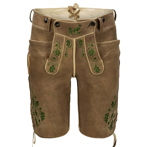 Brown leather shorts with green embroidery on a white background
