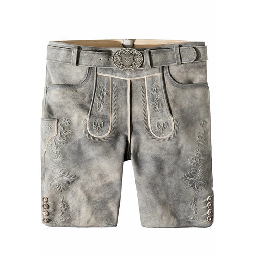 Gray leather shorts with decorative stitching on a white background
