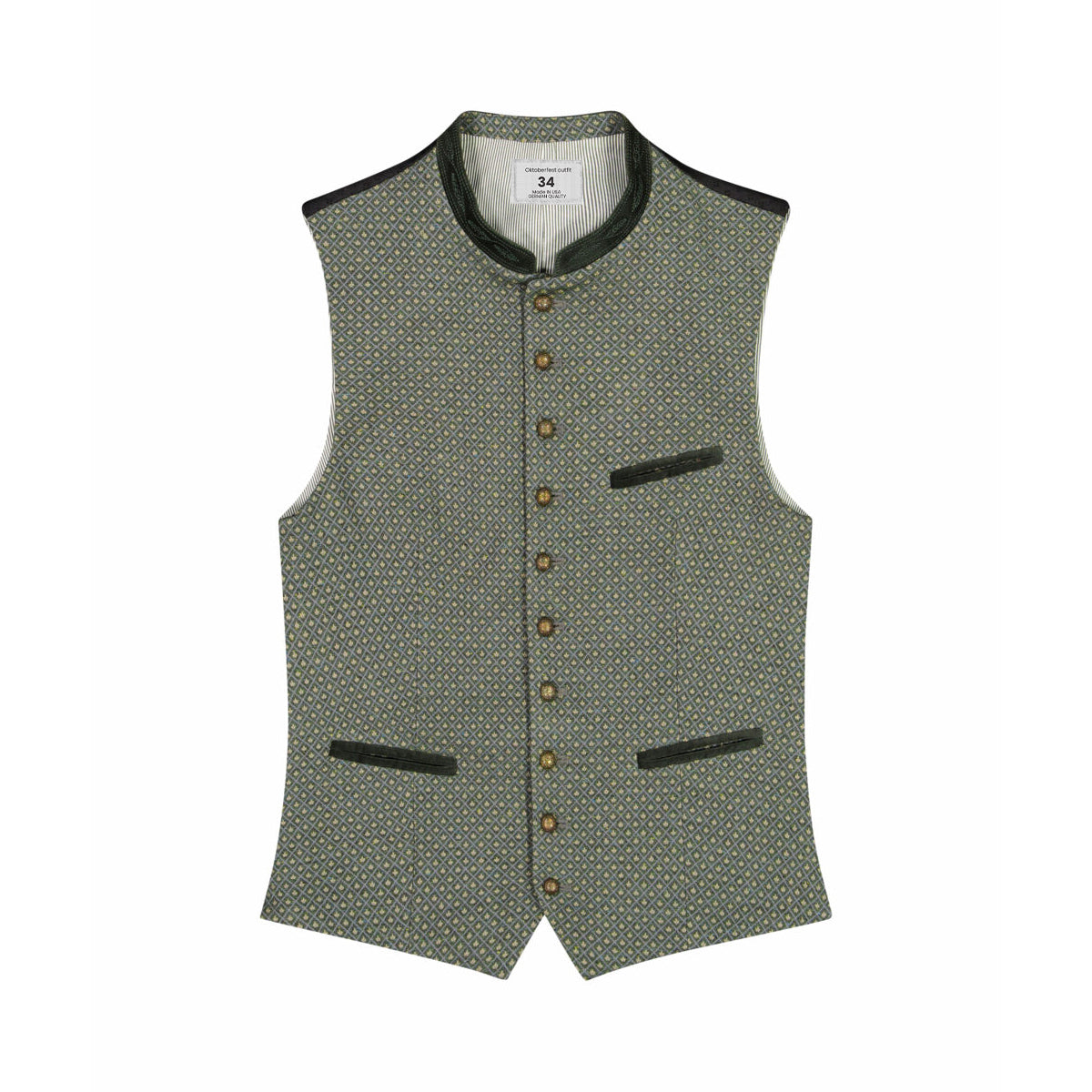 A traditional German vest in grey with a geometric pattern, featuring three pockets and a velvet collar.