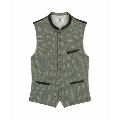 A traditional German vest in grey with a geometric pattern, featuring three pockets and a velvet collar.