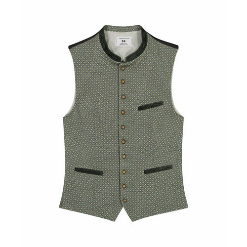 A traditional German vest in grey with a geometric pattern, featuring three pockets and a velvet collar.