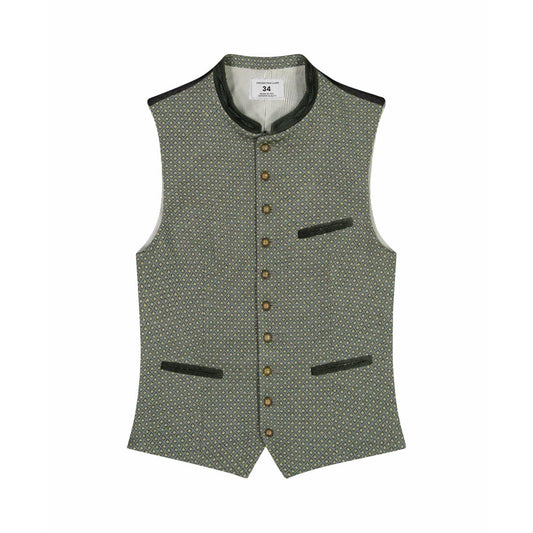 A traditional German vest in grey with a geometric pattern, featuring three pockets and a velvet collar.