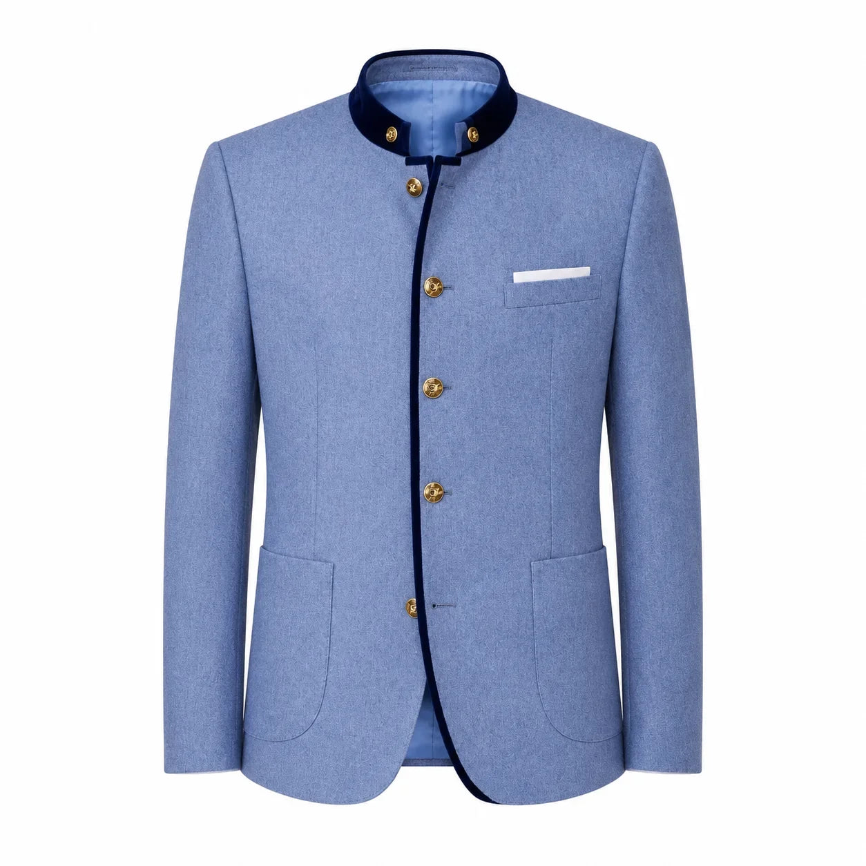 A men's light blue blazer jacket with a mandarin collar, dark navy trim, gold-tone buttons, and a white pocket square, shown on a plain white background.