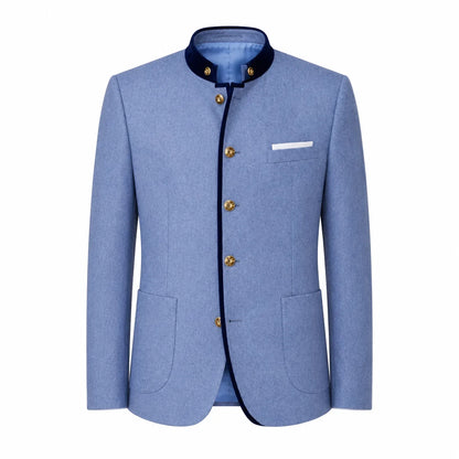 A men's light blue blazer jacket with a mandarin collar, dark navy trim, gold-tone buttons, and a white pocket square, shown on a plain white background.