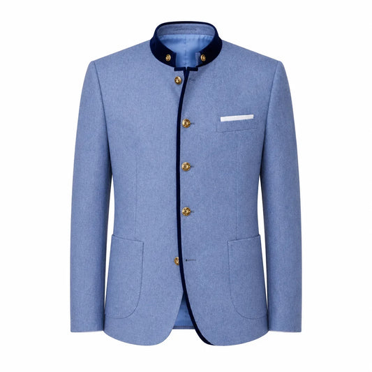 A men's light blue blazer jacket with a mandarin collar, dark navy trim, gold-tone buttons, and a white pocket square, shown on a plain white background.