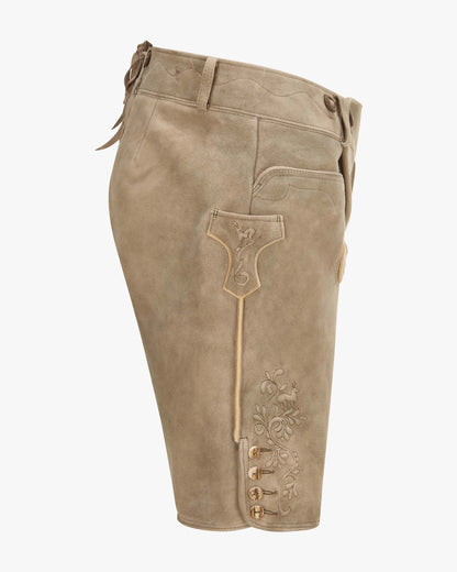 Brown leather shorts with decorative stitching on a white background
