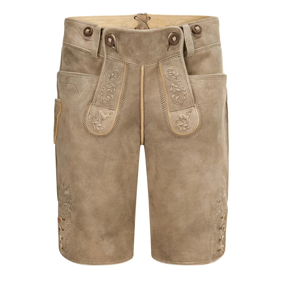 Brown leather shorts with decorative stitching on a white background