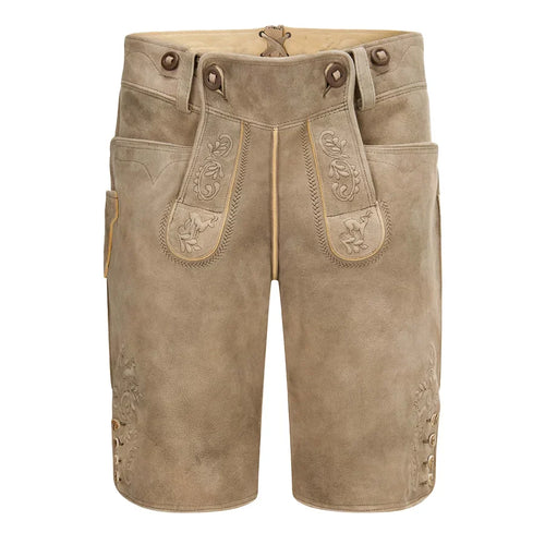 Brown leather shorts with decorative stitching on a white background