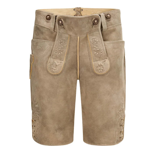 Brown leather shorts with decorative stitching on a white background